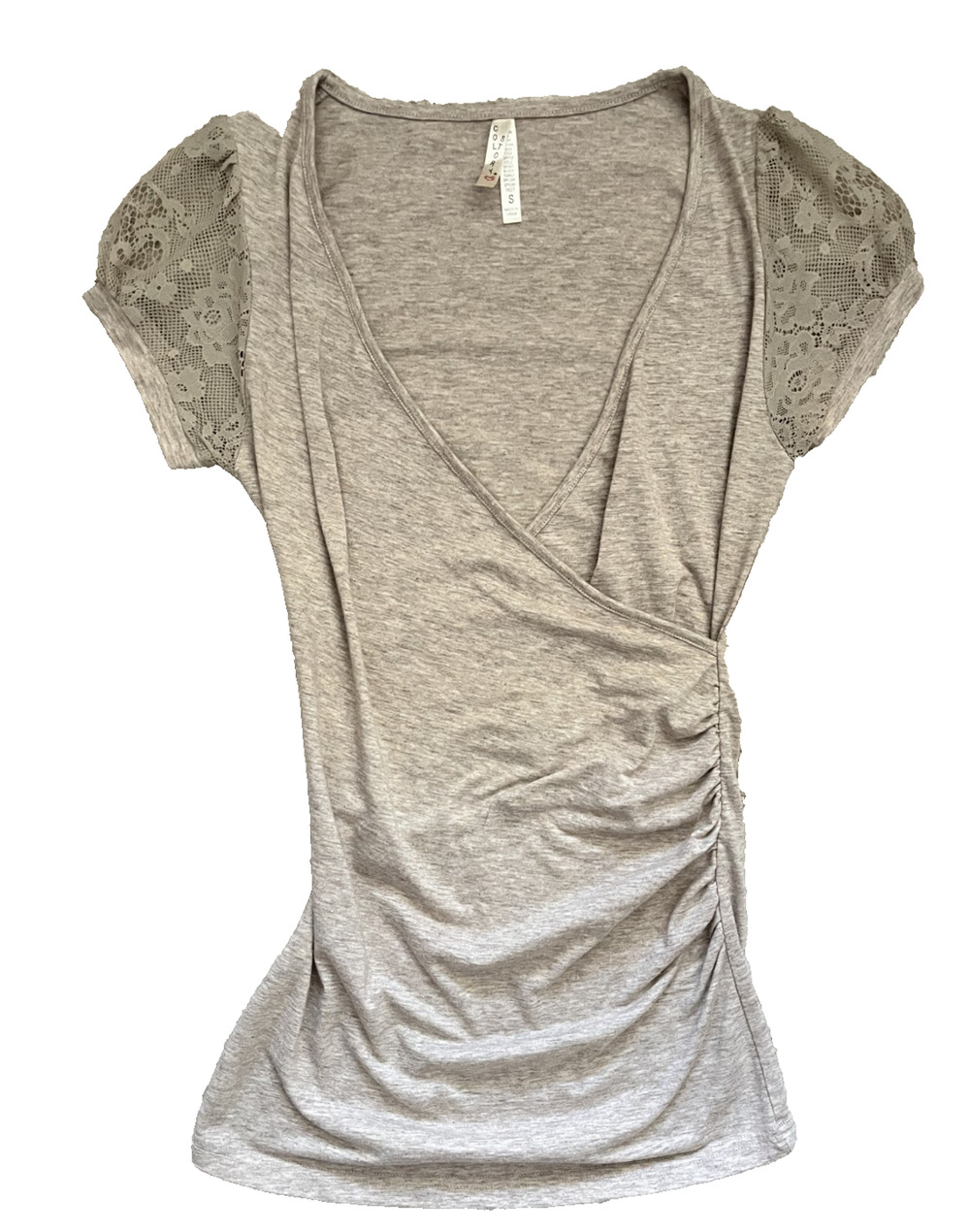 Women's Size Small Color Story Beige Brown Wrap Tee with Mesh Puffed Sleeves Y2K